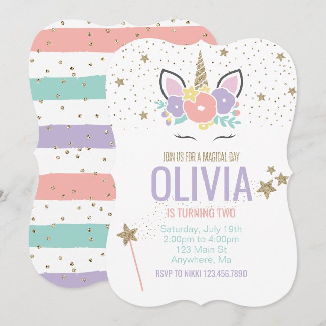 Invitation Anniversaire licorne rose or paillettes (Devant / Derrière)