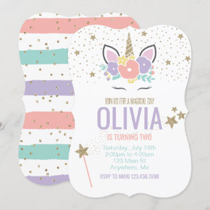 Invitation Anniversaire licorne rose or paillettes