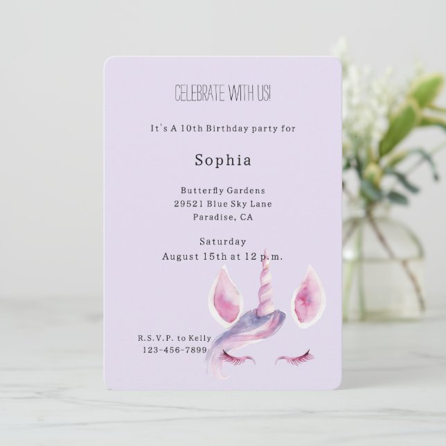 Invitation Anniversaire Licorne Rose Violet (Debout devant)