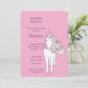 Invitation Anniversaire Licorne Sauvage Rose Féminin