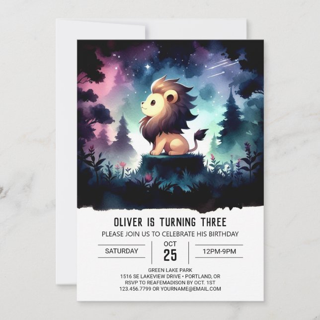 Invitation Anniversaire Lion Aquarelle Rêveuse (Devant)