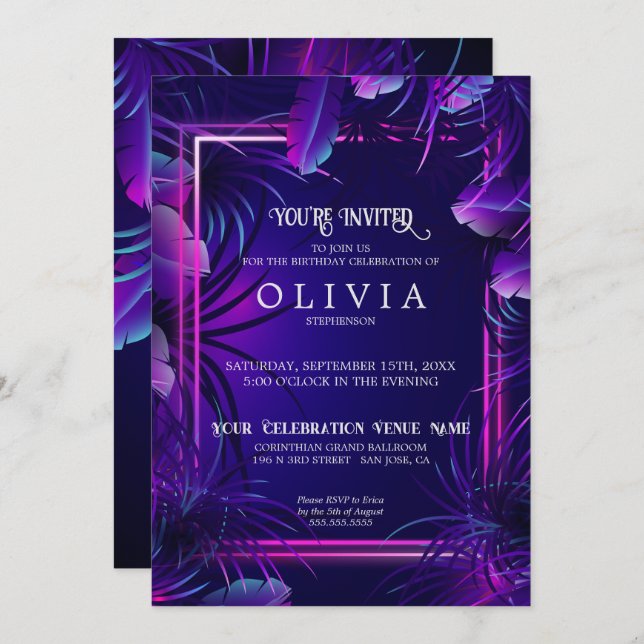 Invitation Anniversaire | Liquide tropicale de néon violet (Devant / Derrière)