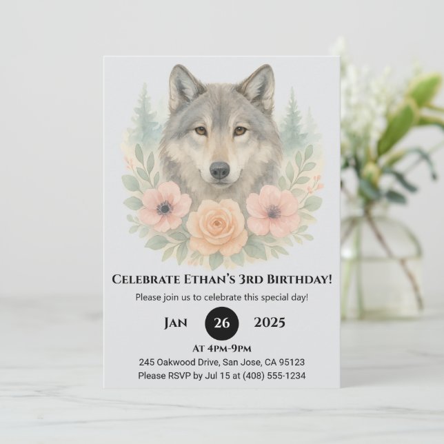 Invitation Anniversaire Loup Floral de la Forêt (Debout devant)