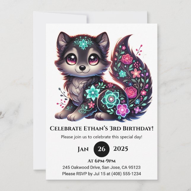 Invitation Anniversaire Loup Floral Glow (Devant)