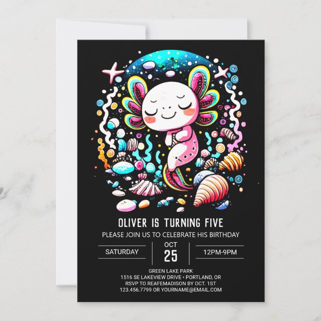 Invitation Anniversaire lunaire Axolotl pour enfants (Devant)