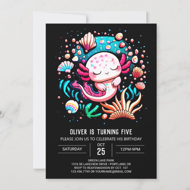 Invitation Anniversaire lunaire Axolotl pour enfants (Devant)
