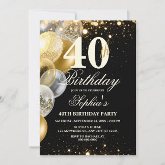 Invitation Anniversaire Luxueux Noir Or Glitter Tout Âge