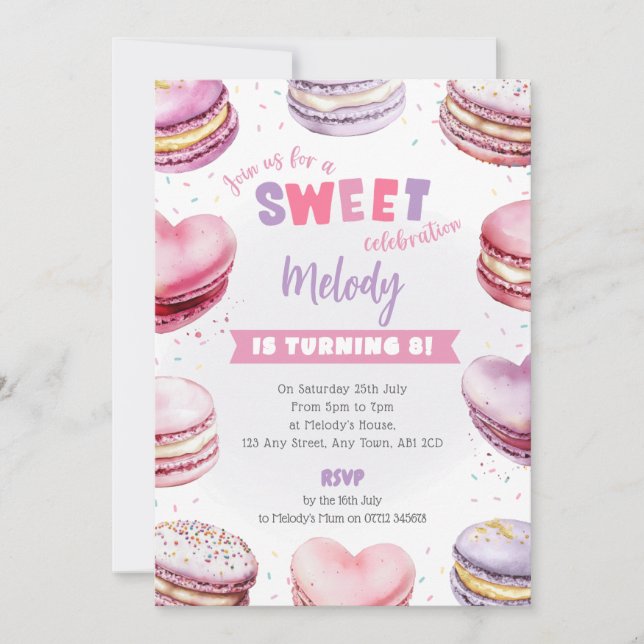 Invitation Anniversaire Macaron en forme de Cœur C (Devant)
