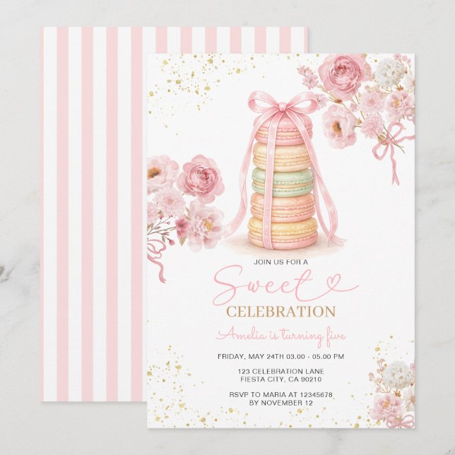 Invitation anniversaire Macaron Rose Fête Sucre (Devant / Derrière)