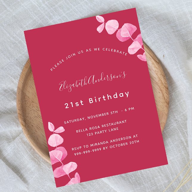 Invitation Anniversaire magenta blanc eucalyptus (Créateur téléchargé)