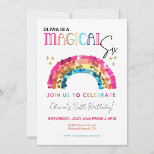 Invitation Anniversaire magique 6ème arc-en-ciel pailleté col