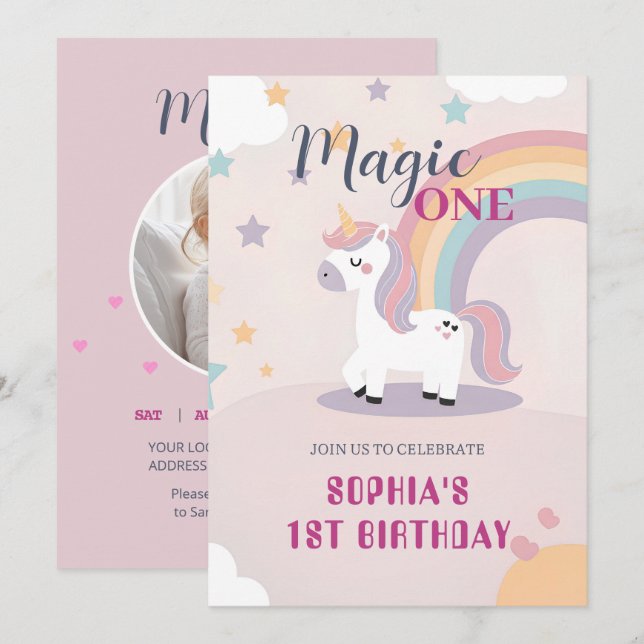 Invitation Anniversaire Magique de Licorne 1 an (Devant / Derrière)