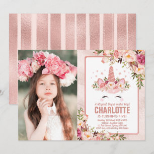 Invitation Anniversaire magique de licorne/or assez rose