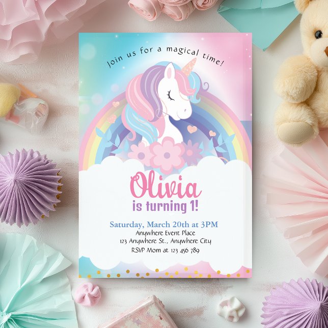 Invitation Anniversaire Magique Rainbow Unicorn (Magical Pink Unicorn Birthday Invitation)