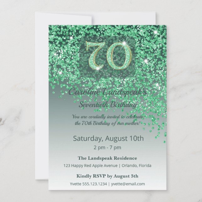Invitation Anniversaire majestueux de 70 ans, paillettes vert (Devant)