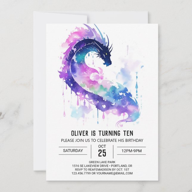 Invitation Anniversaire majestueux du dragon d'aquarelle (Devant)