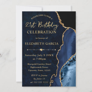 Invitation Anniversaire Marbre et Agate Pailleté Bleu et Or