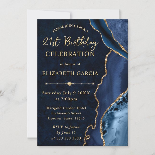 Invitation Anniversaire Marbre et Agate Pailleté Bleu et Or (Devant)