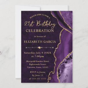 Invitation Anniversaire Marbre et Agate Pailleté Violet et Or