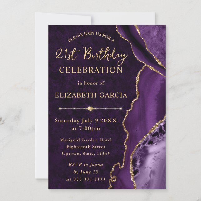 Invitation Anniversaire Marbre et Agate Pailleté Violet et Or (Devant)
