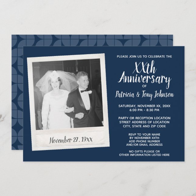 Invitation Anniversaire mariage avec photo Vintage - marine (Devant / Derrière)