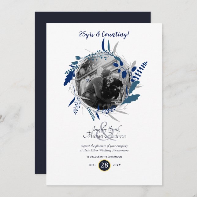 Invitation Anniversaire Mariage moderne PHOTO Blue Wreath (Devant / Derrière)