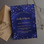 Invitation Anniversaire marine bleu or étoiles année de naiss<br><div class="desc">Une invitation glamour à la fête d'anniversaire pour lui et elle. Un arrière - plan bleu marine décoré d'étoiles faux or. La couleur bleue est inégale. Personnalisez et ajoutez un nom et des détails du parti. Ajouter année de naissance et année de la célébration Retour : bleu marine arrière -...</div>