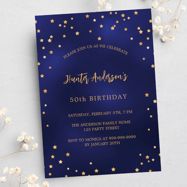 Invitation Anniversaire marine bleu or étoiles parti luxe (Créateur téléchargé)