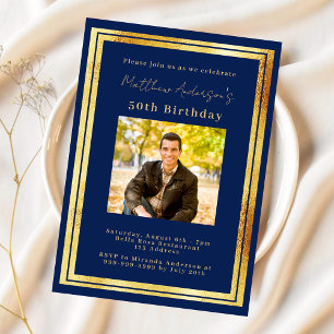 Invitation Anniversaire marine bleu or photo luxe