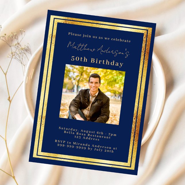 Invitation Anniversaire marine bleu or photo luxe (Créateur téléchargé)