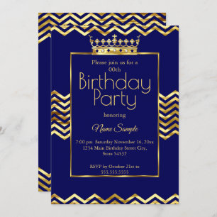 Invitation Anniversaire Marine Blue Gold Crown Chevron