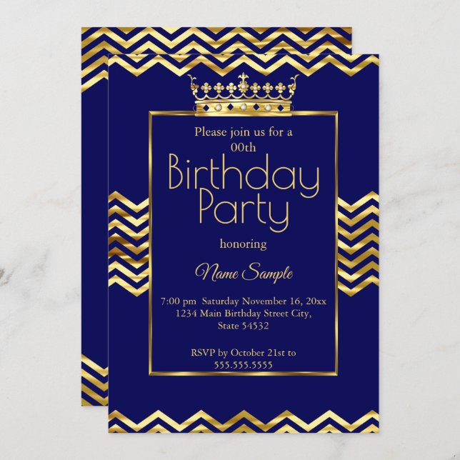 Invitation Anniversaire Marine Blue Gold Crown Chevron (Devant / Derrière)