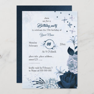 Invitation anniversaire marine et bleu poussiéreux fleurs