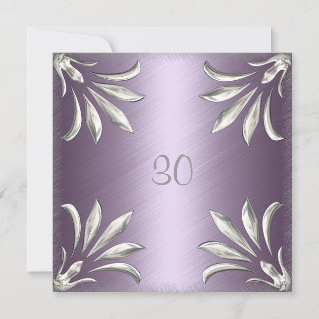 Invitation Anniversaire Mauve avec Argent Floral (Devant)