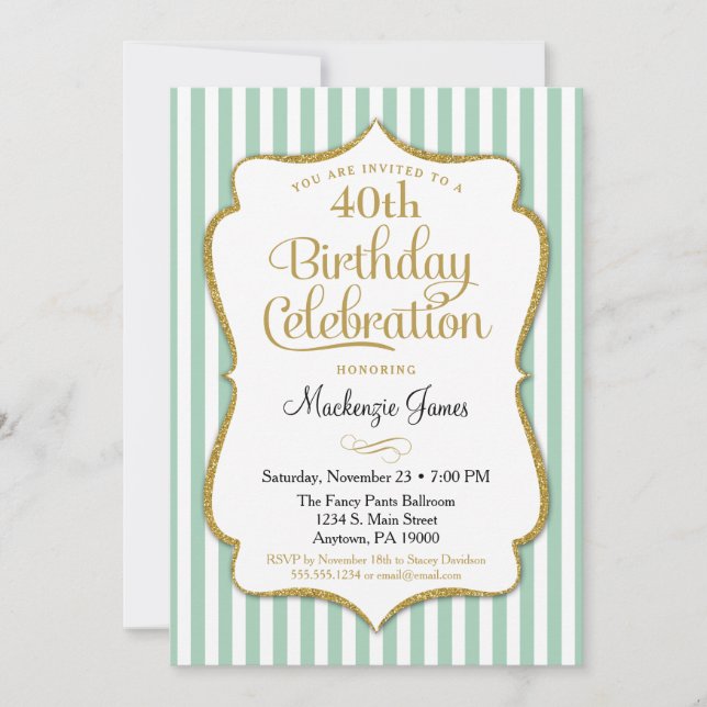 Invitation Anniversaire Mention Vert Or Adulte Ado (Devant)