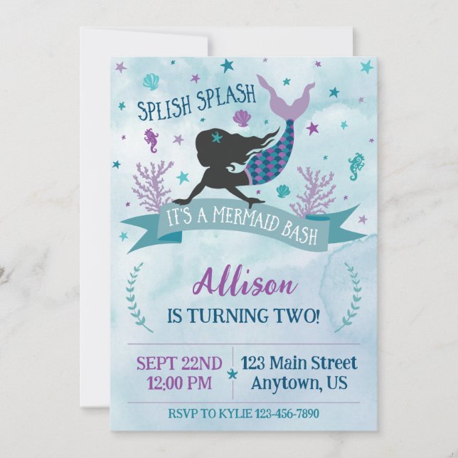 Invitation anniversaire Mermaid Bash Violet & Bleu (Devant)