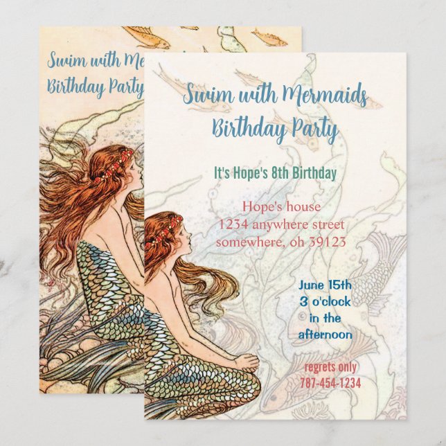Invitation Anniversaire Mermaid Under the Sea (Devant / Derrière)