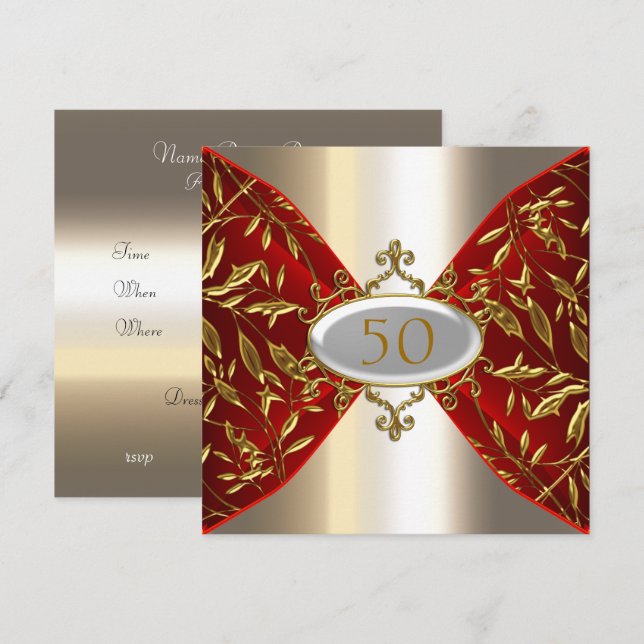 Invitation Anniversaire Métal doré rouge look Fête Anniversai (Devant / Derrière)