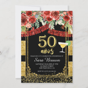 Invitation Anniversaire mexicain de 50 ans de rose rouge