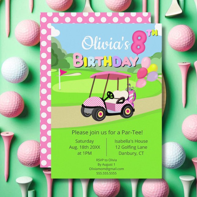 Invitation Anniversaire mignon 8 ans golf rose pois fille  (Créateur téléchargé)