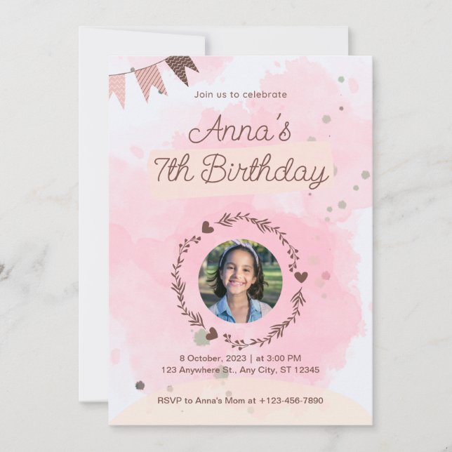 Invitation Anniversaire Mignon Aquarelle Rose (Devant)