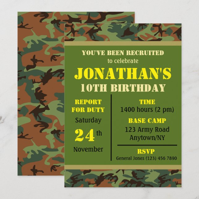 Invitation Anniversaire Militaire Tout Âge (Devant / Derrière)