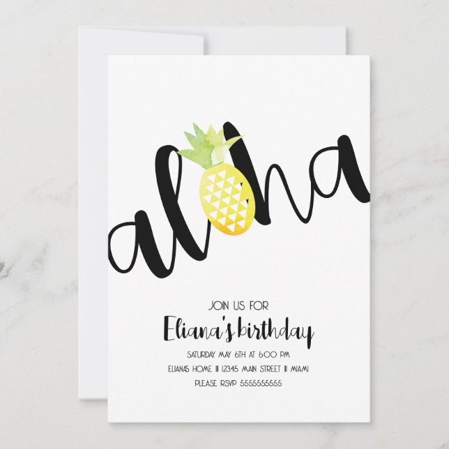 Invitation Anniversaire Minimaliste Aloha Hawaï Lu (Devant)