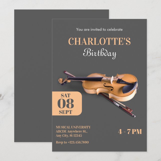Invitation Anniversaire minimaliste de violon moderne (Devant / Derrière)