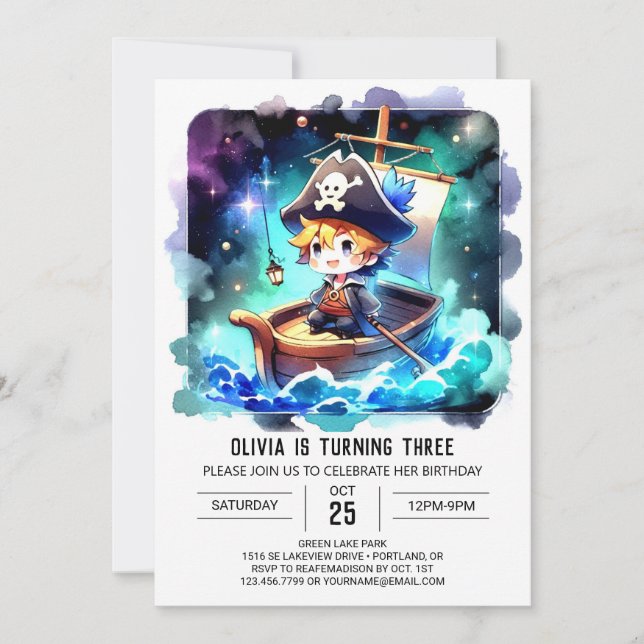 Invitation Anniversaire minimaliste du pirate enchanté (Devant)