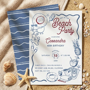 Invitation Anniversaire Moderne Bleu & Rouge de la Plage d'Ét