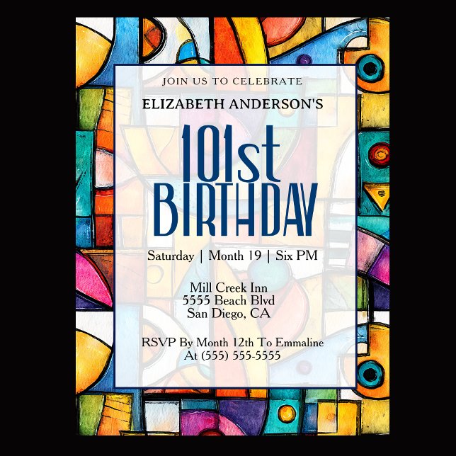 Invitation Anniversaire Moderne Cubiste 101 Ans (Modern colorful abstract 101st birthday invitation for elegant milestone celebration
)