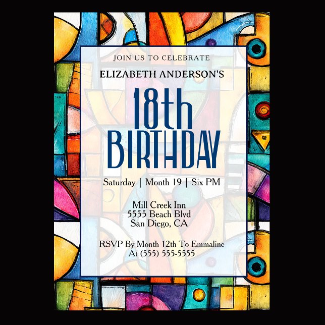 Invitation Anniversaire Moderne Cubiste 18 Ans (Modern colorful abstract 18th birthday invitation for elegant milestone celebration
)