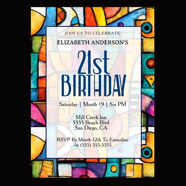 Invitation Anniversaire Moderne Cubiste 21 Ans (Modern colorful abstract 21st birthday invitation for elegant milestone celebration
)