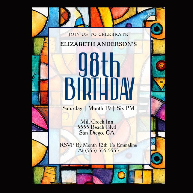 Invitation Anniversaire Moderne Cubiste 98 Ans (Modern colorful abstract 98th birthday invitation for elegant milestone celebration
)